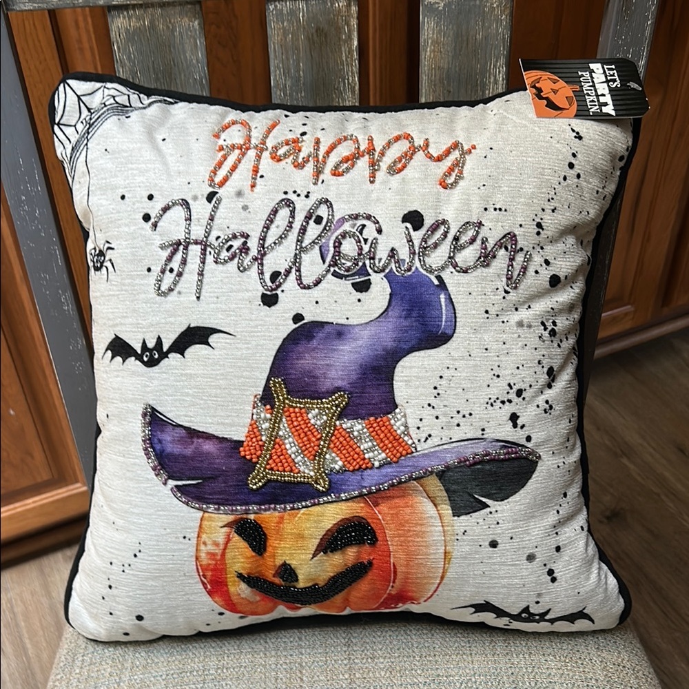NWT Halloween Decorative Pillow with Pumpkin and Witch Hat 15”